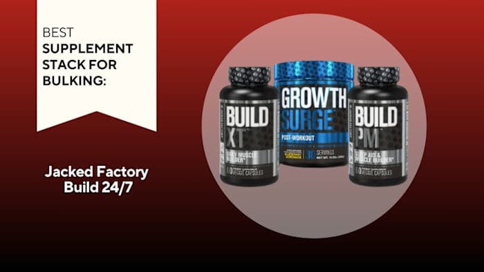 Three black tubs against a red background. One tub says "Build XT," the second says "Growth Surge," and the third days "Build PM"